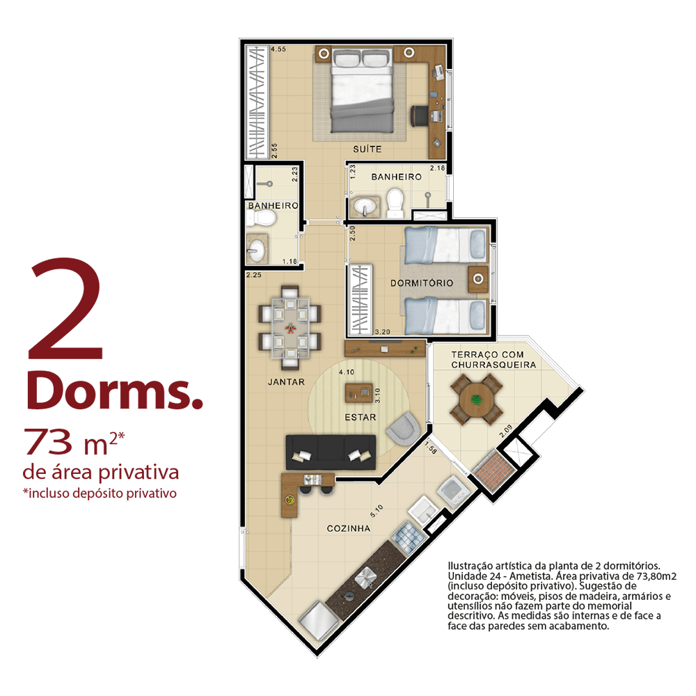 2 dormitórios, 73m² de área privativa